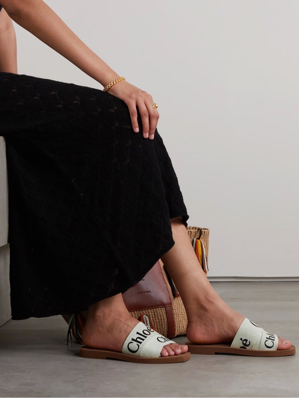 Chloé Ivory Canvas Logo Slide Sandals